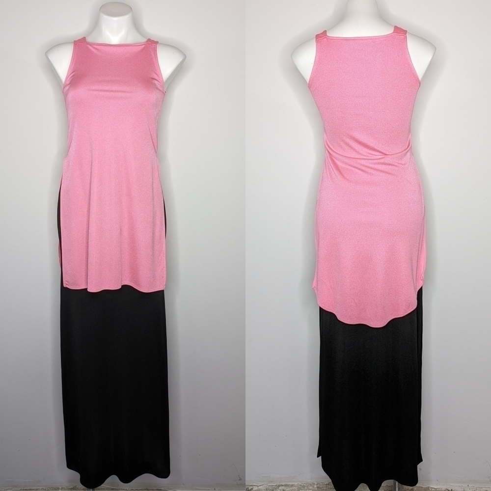 Vintage Lionels Place pink black layered high slit sleeveless maxi dress 6